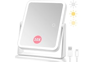 DESCHEN Rechargeable Travel Makeup Vanity Mirror with Lights and Magnification, Portable 10X/1X Magnifying Mirror with 3 Color Light, Lighted Makeup Mirror with Magnification, 360° Rotation LED Mirror