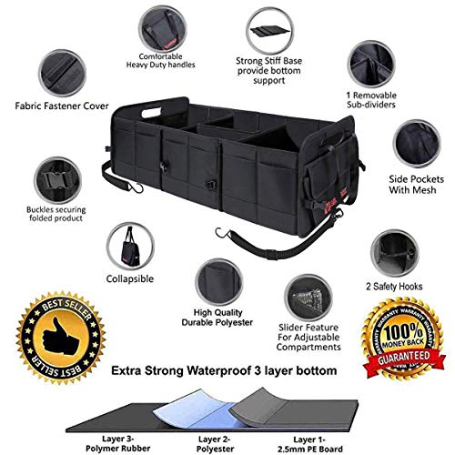 Autoark Multipurpose Car SUV Trunk Organizer with Removable Insulation Leakproof Cooler Bag,Durable Collapsible Adjustable Compartments Cargo Storage,AK-100