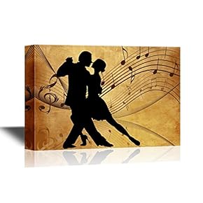 Silhouette of Two Dancers on Rustic Background with Music Notes