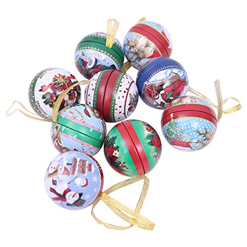 LUCKSTAR 9Pcs Tinplate Round Ball Boxes, Reindeer Santa Tree Hanging Decorations for Show Window,Family Gathering,Office