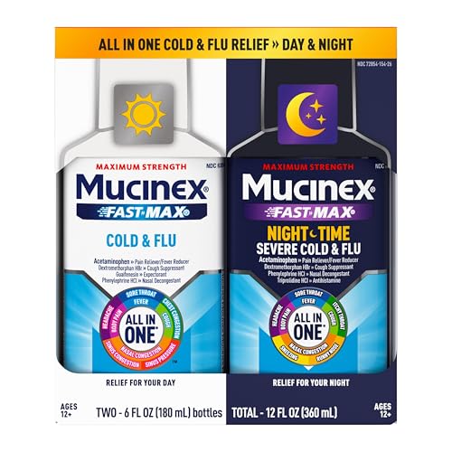 Mucinex Fast-Max Cold and Flu & Nightshift Medicine for Adults, Over-The-Counter Medication Combo Pack for Sore Throat Relief, Decongestant, Cough & Cold Medicine (2 x 6 Fl Oz)
