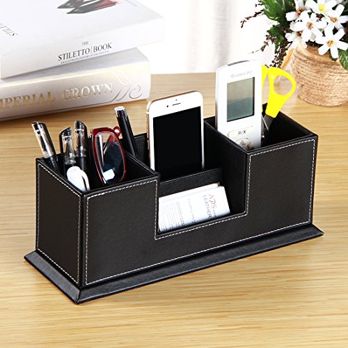 PU Leather Multi-function Desk Stationery Organizer Storage Box Pen Pencil Holder Business Cards Stand Mobile Phone/Remote Control Holder Office Supplies Holder Collection Desktop Organizer(Black) - Thumbnail 4