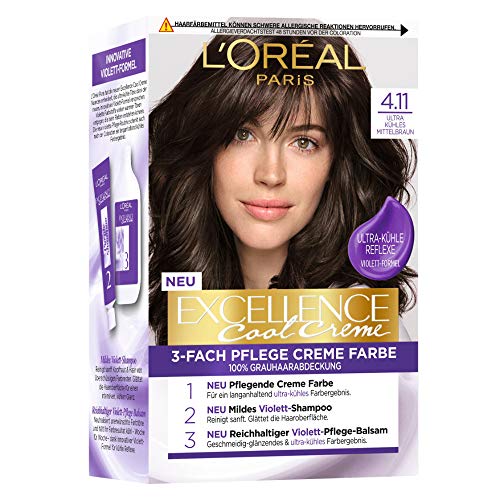 LOreal Paris Permanent Hair Colour with Ultra Cool Colour, 100% Grey Coverage Set with Colouration, Shampoo and Conditioner, Excellence Cool Creme #4.11 Ultra Ash Dark Blonde (Brown)
