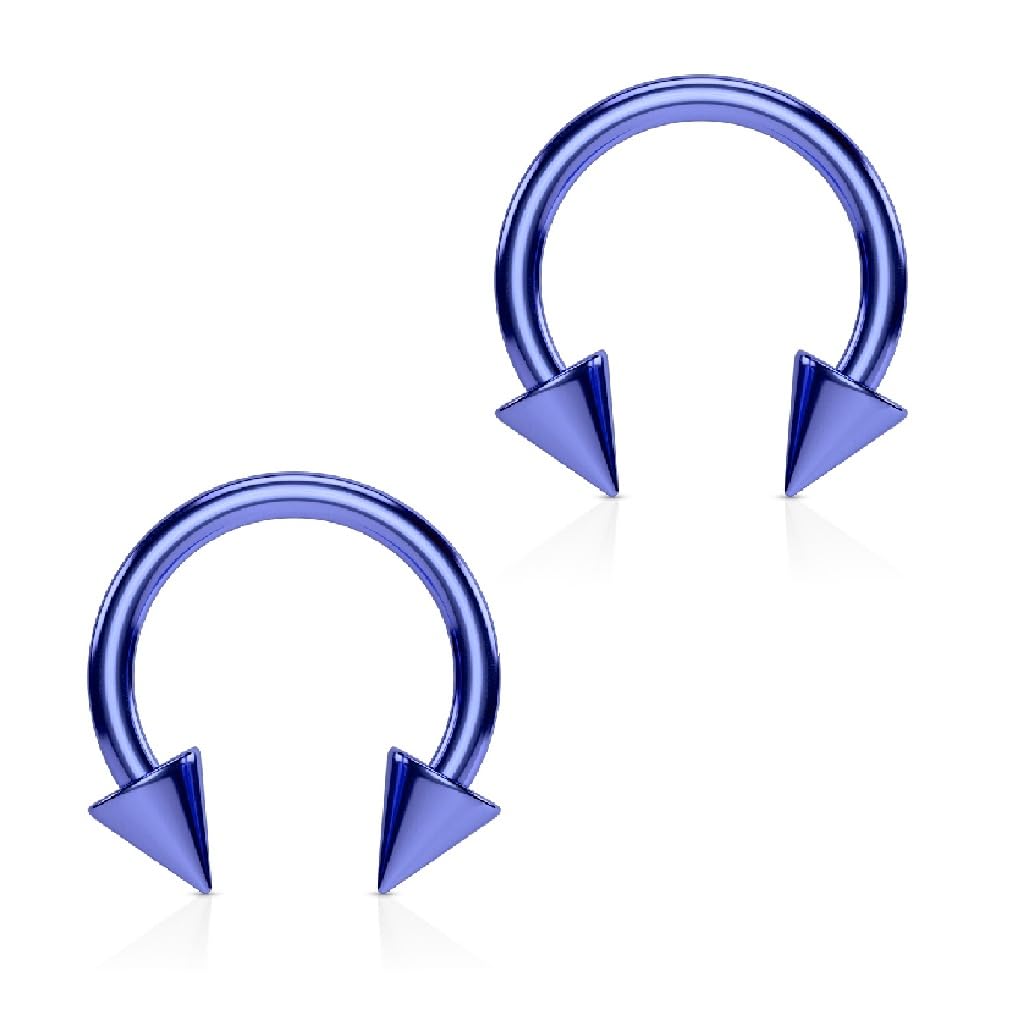 PiercedOff Blue Titanium IP over 316L Surgical Steel 1.2mm Horseshoe with 4mm Spikes - Ring Size 10mm - Sold as a Pack of 2 Horseshoes