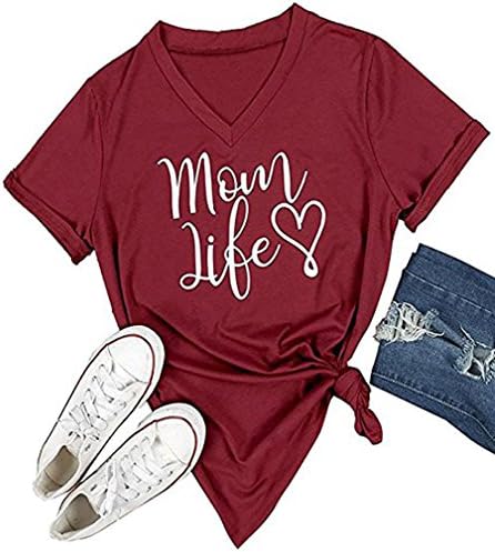 DANVOUY Women's Summer Casual Letters Printed T-Shirt Short Sleeves Graphic V-Neck Tops Wine Red XX-Large