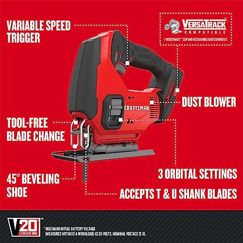CRAFTSMAN V20 Cordless Jig Saw, 3 Orbital Settings, Up to 2,500 SPM
