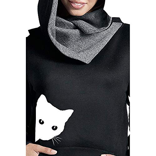 Women Cat Printing Blouse Duseedik Cowl Neck Solid Long Sleeve Plus Size Pullover Shirts Tops Sweatshirt - Thumbnail 4