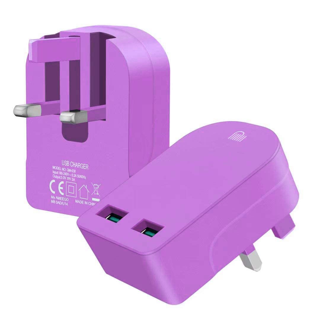 Foldable Charger 3A / 15W USB-A Ports Compact Travel Charger Compatible For iiPhone Samsung Tab HTC Windows Phone Tablet Nokia Motorola Sony Kindle One Plus etc (Purple Charger)