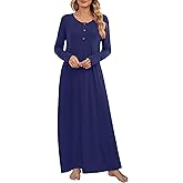 DouBCQ Nightgowns for Women Long Sleeve Button House Dress Soft Full Length Sleepwear with Pockets