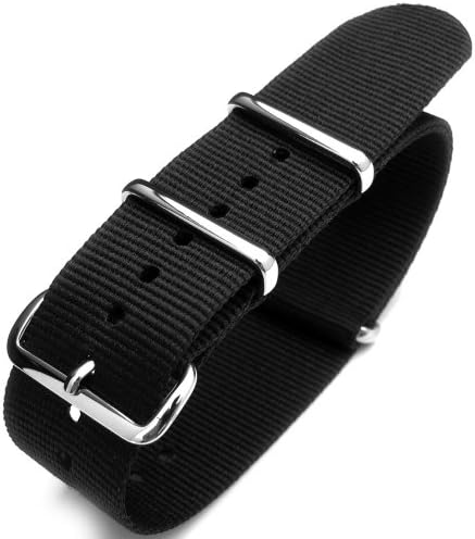 Nato Watch Strap, 22mm, Heat Sealed G10 Nylon, Polished Buckle, Color Black
