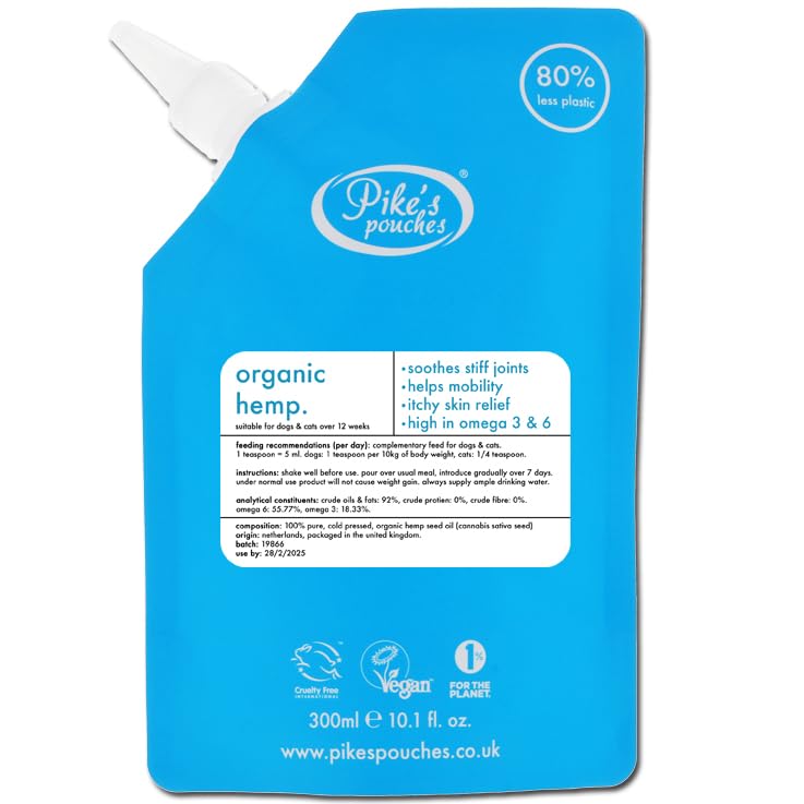Organic Hemp Seed Oil for Dogs & Cats UK 300ml - More Omega 3,6,9 than Salmon, Cod Liver & Fish Oil | Joint Supplement Ideal for Senior Pets | 100% Pure & Cold Pressed | Pike's Pouches