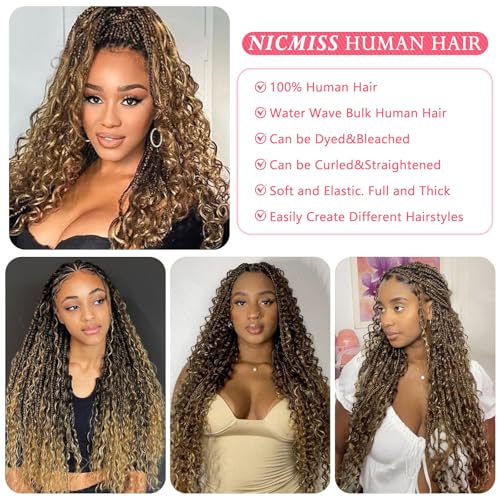 Human Braiding Hair 1 Bundle Water Wave Bulk Hair for Braiding 100% Unprocessed Brazilian Human Hair No Weft Highlight P4/27 Hair Extensions for Boho Braids (26 inch/50g)