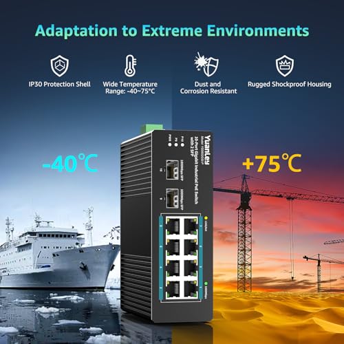 YuanLey 10-Port Industrial Switch with 8 Gigabit PoE Ports & 2 SFP, Unmanaged PoE Switch with 120W Source, IEEE802.3af/at, VLAN & RSTP, DIN-Rail for IP Cameras, Ap