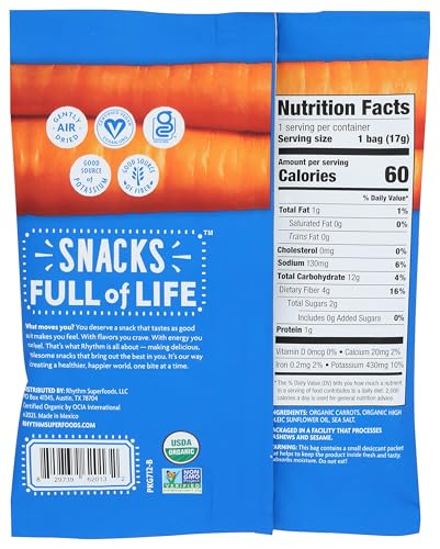 RHYTHM SUPERFOODS CARROT STICKS, SALTED, ORGANIC & NON-GMO, 1.4 OZ, VEGAN/GLUTEN-FREE VEGETABLE SUPERFOOD SNACKS