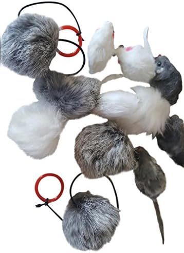 Real Rabbit Fur Pom Pom Ball and Mouse Cat Toy Bundle 12 pieces Color Vary