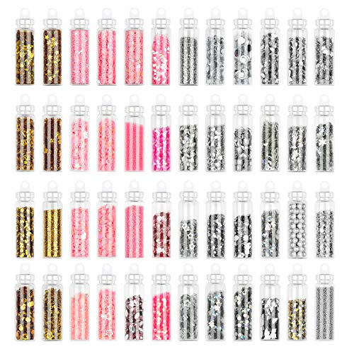 48 Bottles 10800pcs Nail Art Rhinestones Nail Crystal Gems Nail Diamonds, Gold Silver Pink Nail Art Studs Nail Sequins Rhinestones Glitter for Nails Kit with Tweezers for Nail Art Supplies Accessories