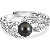 KANNSOAR Tahitian Black Pearl Ring Adjustable 18K White Gold Plated 925 Sterling Silver Black Pearl Jewelry Gift for Women Her