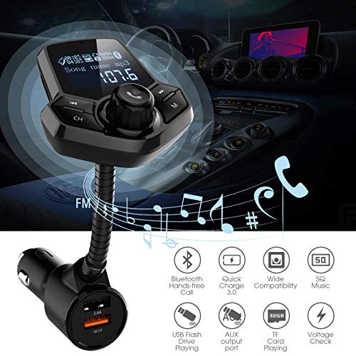 in-Car Bluetooth FM Transmitter Wireless Radio Adapter Hands-Free Car Kit with 1.44 Inches Display TF Card Mp3 Player Dual USB Ports AUX Input/Output Voltmeter Function for Smart Phones Audio (Black)