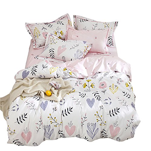 OROA Soft Cotton Cartoon Pink Floral Duvet Cover Full Queen for Girls Kids Toddler Women Reversible Plant Flower Print Teen Bedding Sets Full Size, No Comforter