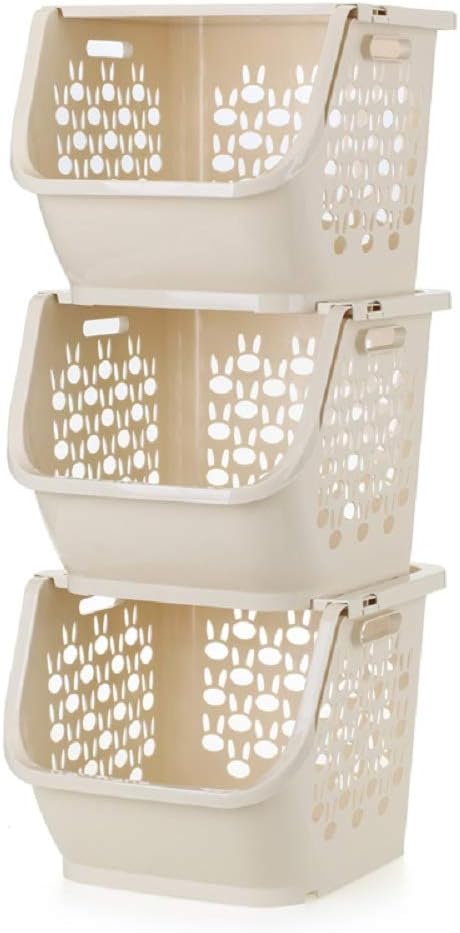 QsunQ 3-Set Stackable Storage Bins with Lids for Kitchen,Bathrooms,Bedrooms,Closets, Cabinets. Household Plastic Organization Baskets for Pantry. Storage Organizer Bin Basket (12x11x10inch) Beige