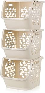 QsunQ 3-Set Stackable Storage Bins with Lids for Kitchen,Bathrooms,Bedrooms,Closets, Cabinets. Household Plastic Organization Baskets for Pantry. Storage Organizer Bin Basket (12x11x10inch) Beige