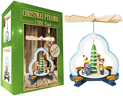 クリスマスデコレーション ドイツピラミッド 9インチ 木製クリスマスツリープレイセット テーブルトップ ホリデー装飾 キリスト降誕プレイカルーセル キャンドルホルダー4個付き ドイツデザイン バブルパッケージ