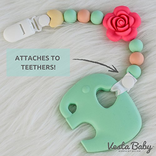 Vesta Baby Pacifier Clips with Silicone Teething Beads for Girls, 2 MAM Pacifier Clip Adapters, Soothie Pacifier Holder & Baby Teether Holder, Universal Binky Clips are Best Baby Girl Gifts, Set of 2