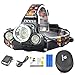 Irontria LED Headlamp High Power Bright Headlight 3 XML T6 with Rechargeable Batteries Wall Charger for Hiking Camping Riding Fishing Hunting