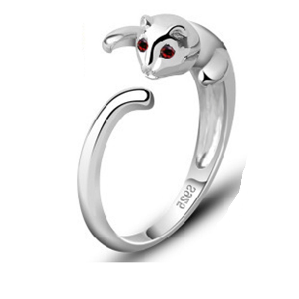 Findout 925 Sterling Silver Red Zirconia Eyes Cute Cat Open Ring for Women and Girls (f1609) (red eyes)