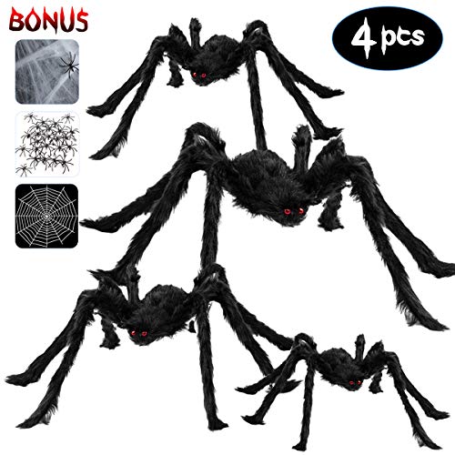 Halloween Dekoration draußen inkl. 4 Stück große Spinnen(90/75/60/50cm) + 365cm Spinnennetz + 40g Spinnweben + 20 mini Spinnen, Spinnennetz Deko Set, Horror Halloween Dekoration Requisiten Garten