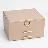 V-LAFUY Leather Jewelry Box Premium 3-Layer Jewelry Case with Mirror - Scratch-Resistant Storage for Earrings, Rings, Necklaces, Ideal Gift for Women Apricot