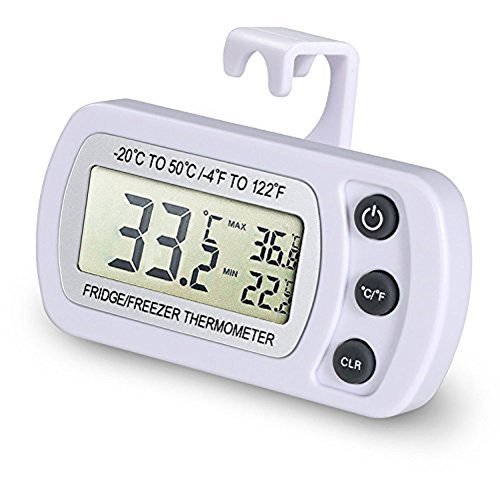 Golvery Digital Refrigerator Thermometer - Waterproof Freezer Thermometer with Hook, Max/Min Function - Easy to Read LCD Display - Perfect for Home Kitchen, Restaurants, Bars, Cafes - White