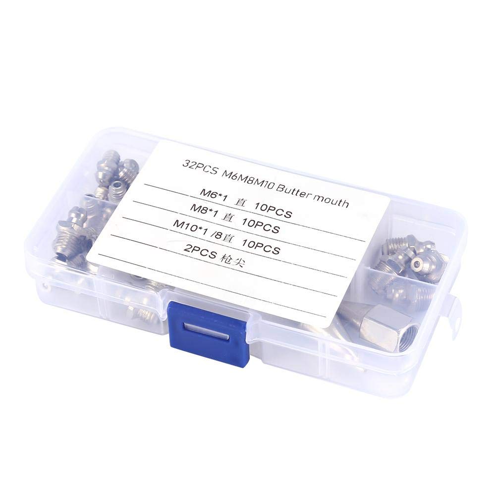 Grease Nipple, Grease Nipple Iron Nickel Plating 32pcs M6 / M8 / M10 Brass Zerk Grease Nipple Grease Nipple Set + 2pcs Grease Gun Tip