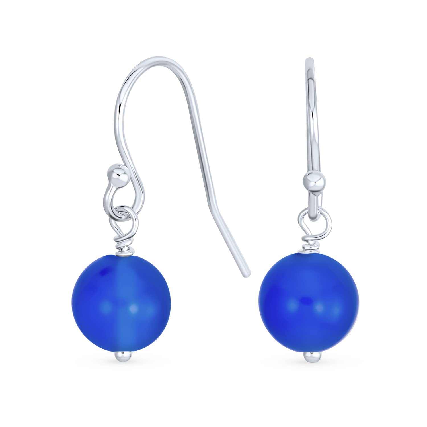 Simple Plain Blue Agate Gemstone Round Dangle French Fish Hook Wire Ball Drop Earrings For Women .925 Sterling Silver