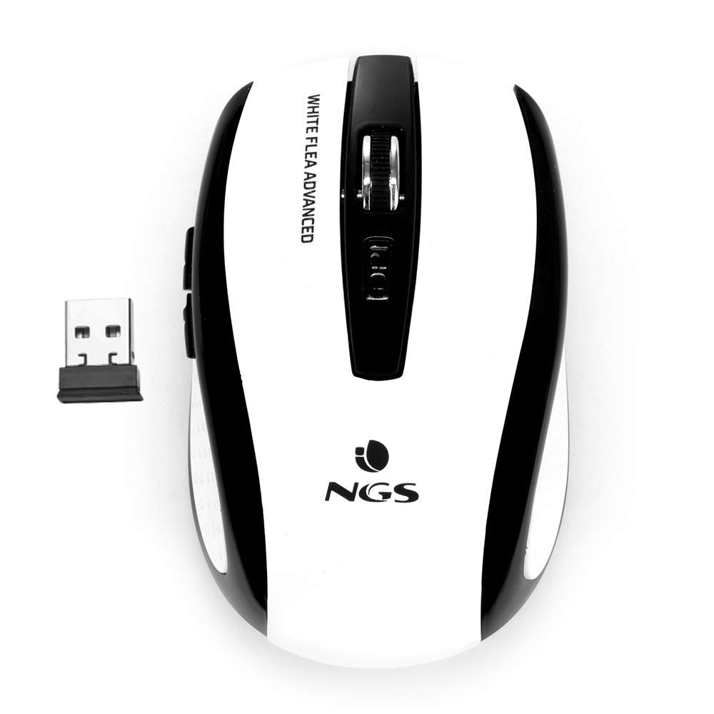 NGS FLEA ADVANCED WHITE - 2.4GHz Wireless Optical Mouse, USB Mouse USB for Desktop or Laptop Computer with 2 Buttons and Scroll Wheel, 800/1600dpi, White and Black