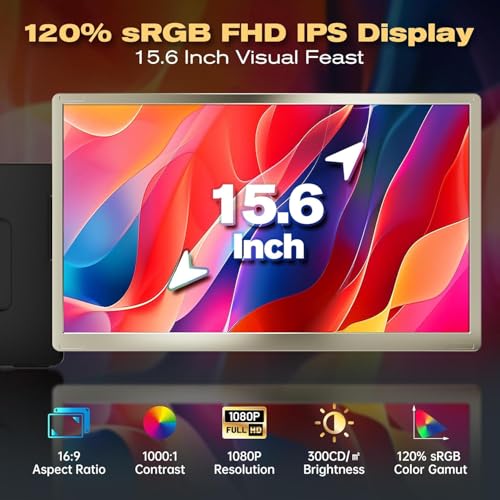 Teamgee Portable Monitor for All Laptops, 15.6" 1080P FHD IPS 120% sRGB, 235° Rotation, Detachable, Plug & Play, Compatible with Windows/Mac/Chrome/PC