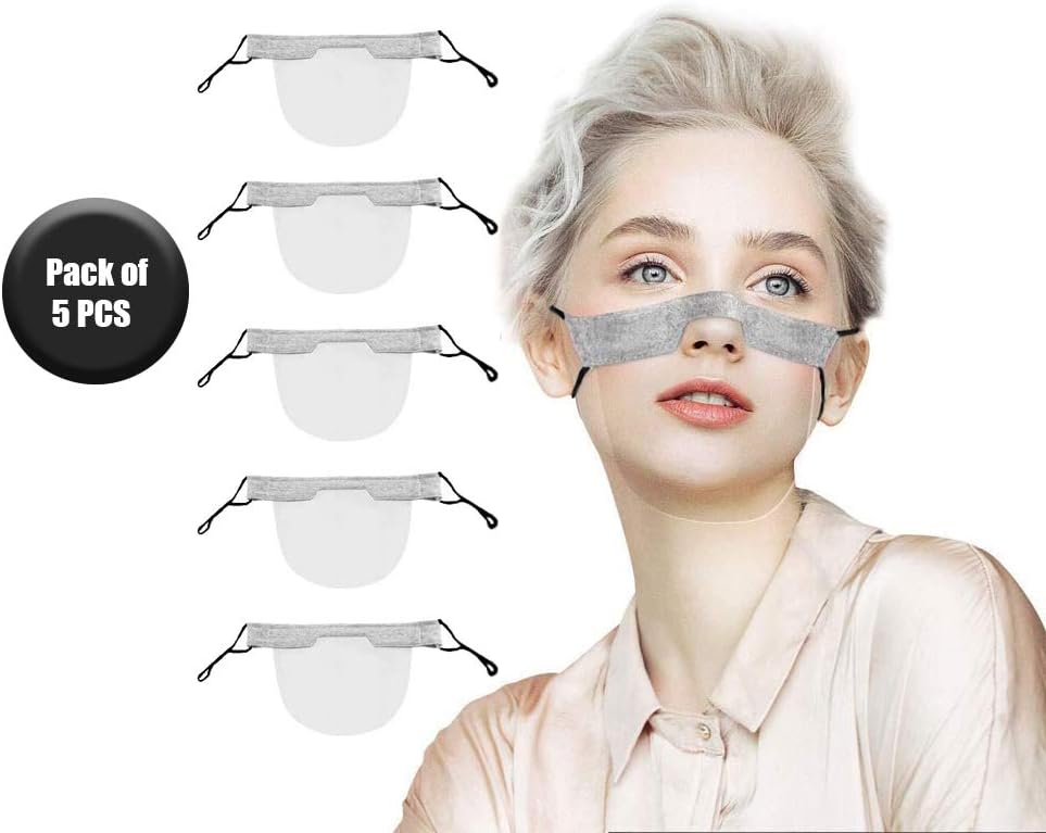 SHATCHI Plastic Reusable Half Clear Masks Mini Washable Windproof Visual Face Guard Transparent Mouth Shield Bandanas Protective Adjustable Cord Black/Grey - Image 3