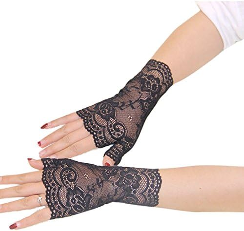 Telamee Bridal Accessories Wrist Length Black Short Lace Gloves Floral for Girls