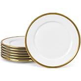 Loymokinar 10-Inch Porcelain Dinner Plates Set of 6, White and Gold Trim | White and gold porcelain dinner plates, set of 6, 10 inch, for main courses, pasta, steak and everyday dining.