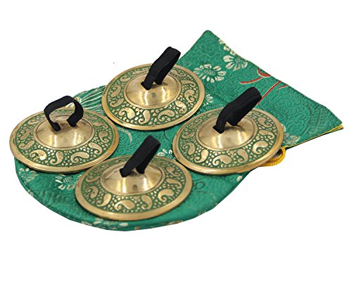 DharmaObjects 2 Pairs Pro Brass Fingers Cymbal Zills Belly Dancing Free Silk Pouch (Green)