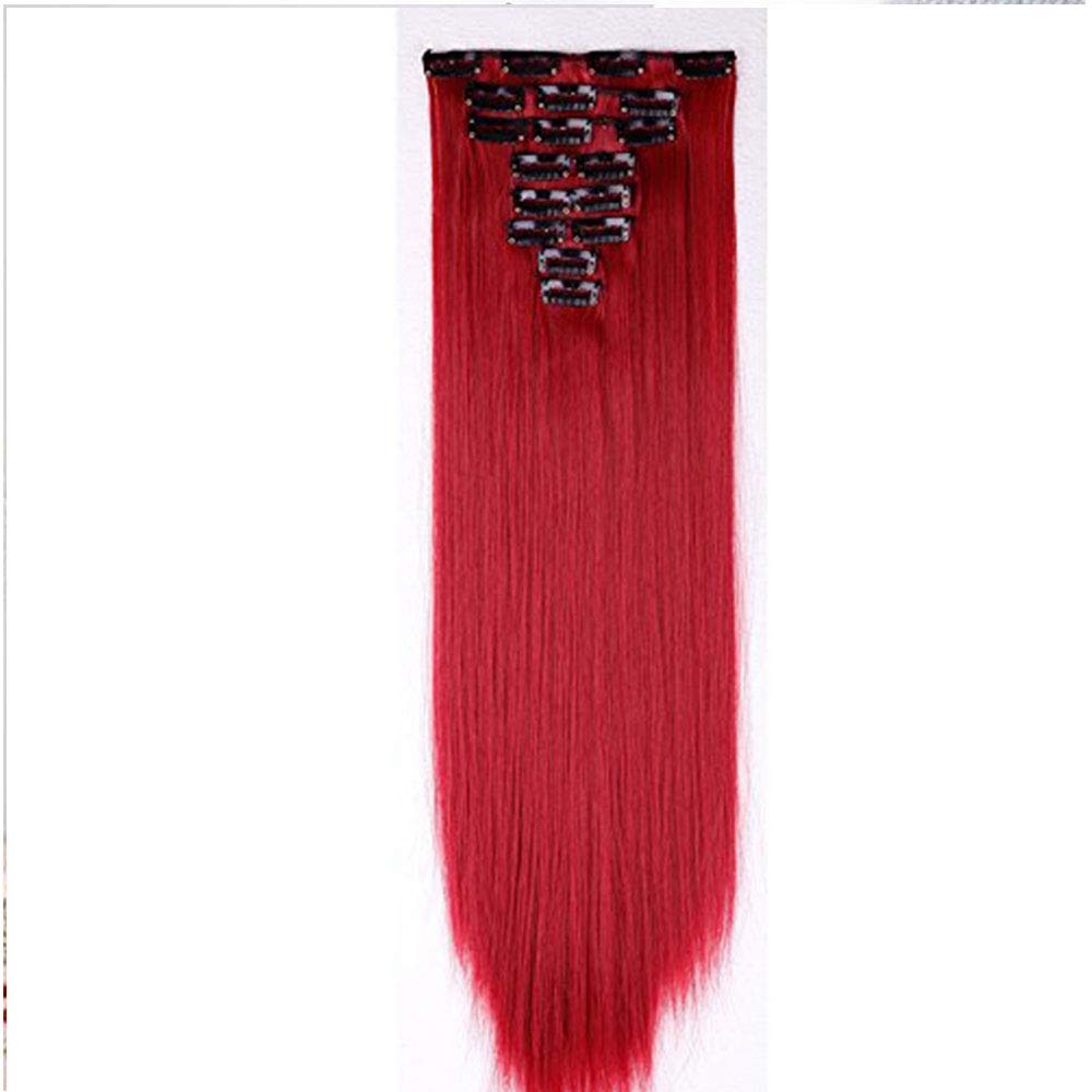 Hot Fashion Hair Extensions Clip in 8 Pieces Straight Full Head Hairpiece Synthetic Fibre Hair Set - 23", Dark Red