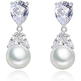 Natural Pearl Drop Dangle Earrings for Women in 14K Gold, Pear and Emerald Cut Moissanite, Birthday and Women's Day Gift