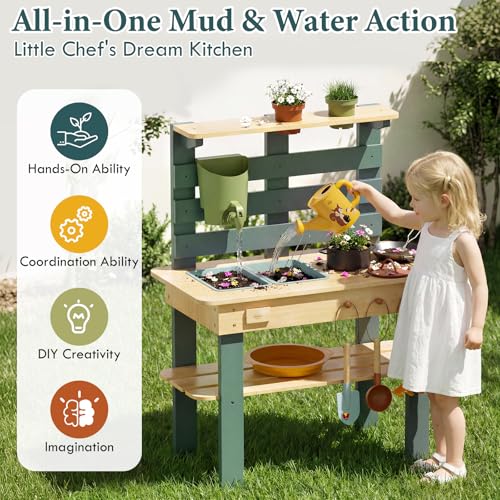 Lehoo Castle Wooden Outdoor Mud Kitchen for Children, Play Kitchen with Real Sink Kitchen Accessories, Garden Toy for Cooking, Casting, Sensory Play, Montessori Learning Toy from 3 Years