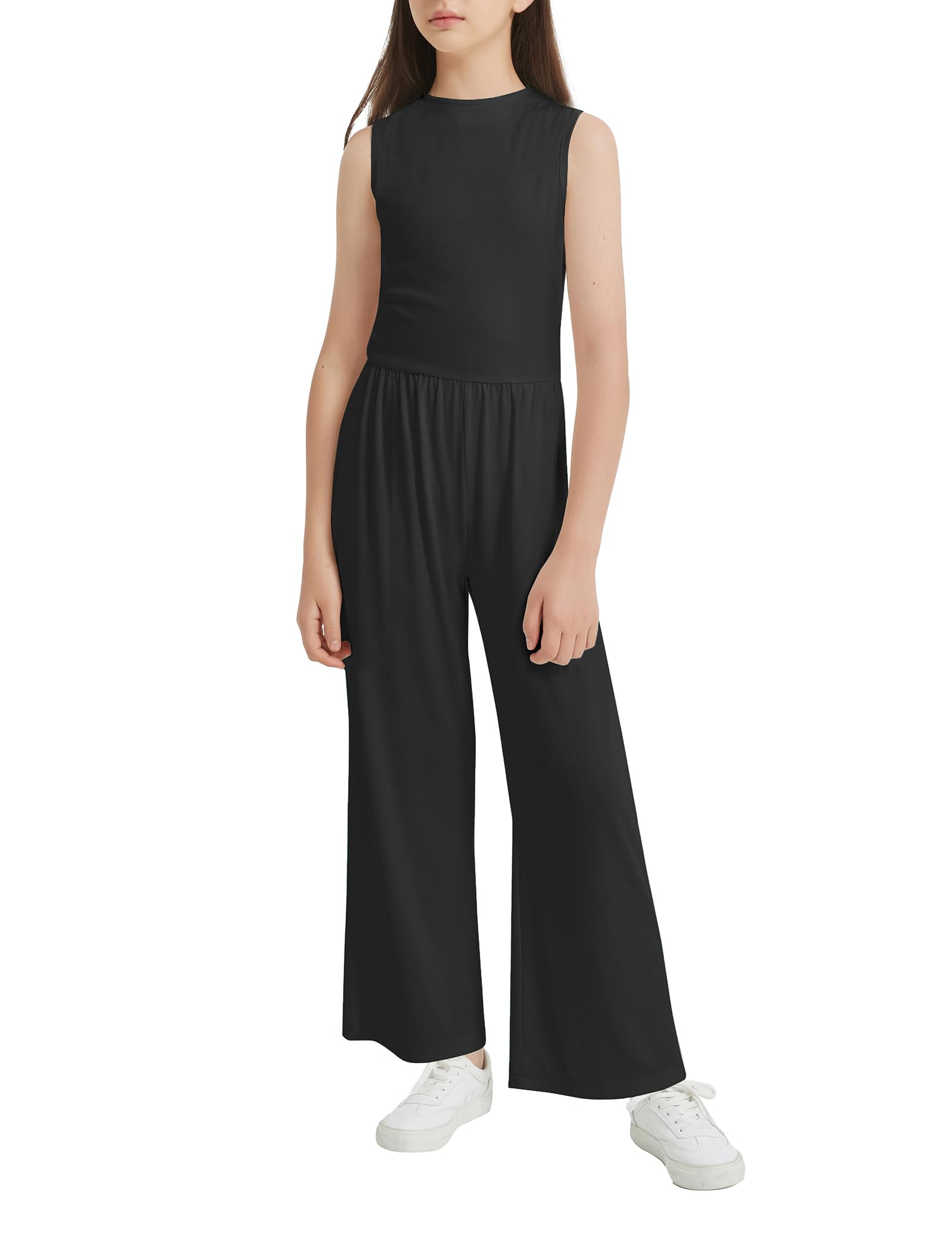 Photo 1 of EXARUS Girls Jumpsuit Romper Overalls Summer Zipper Wide Leg Pants Jump Suit Casual One Piece Outfit Sleeveless Dressy Mock Neck Black 14Y