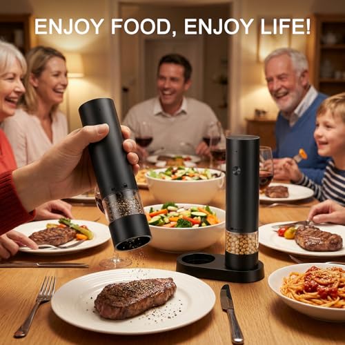 srml Rechargeable Electric Salt and Pepper Grinder Set with 4 Adjustable Coarseness, USB-C Automatic Pepper Mill Spice Grinder with Ceramic Grinding Core, Dust Cover and Base for Home Kitchen BBQ