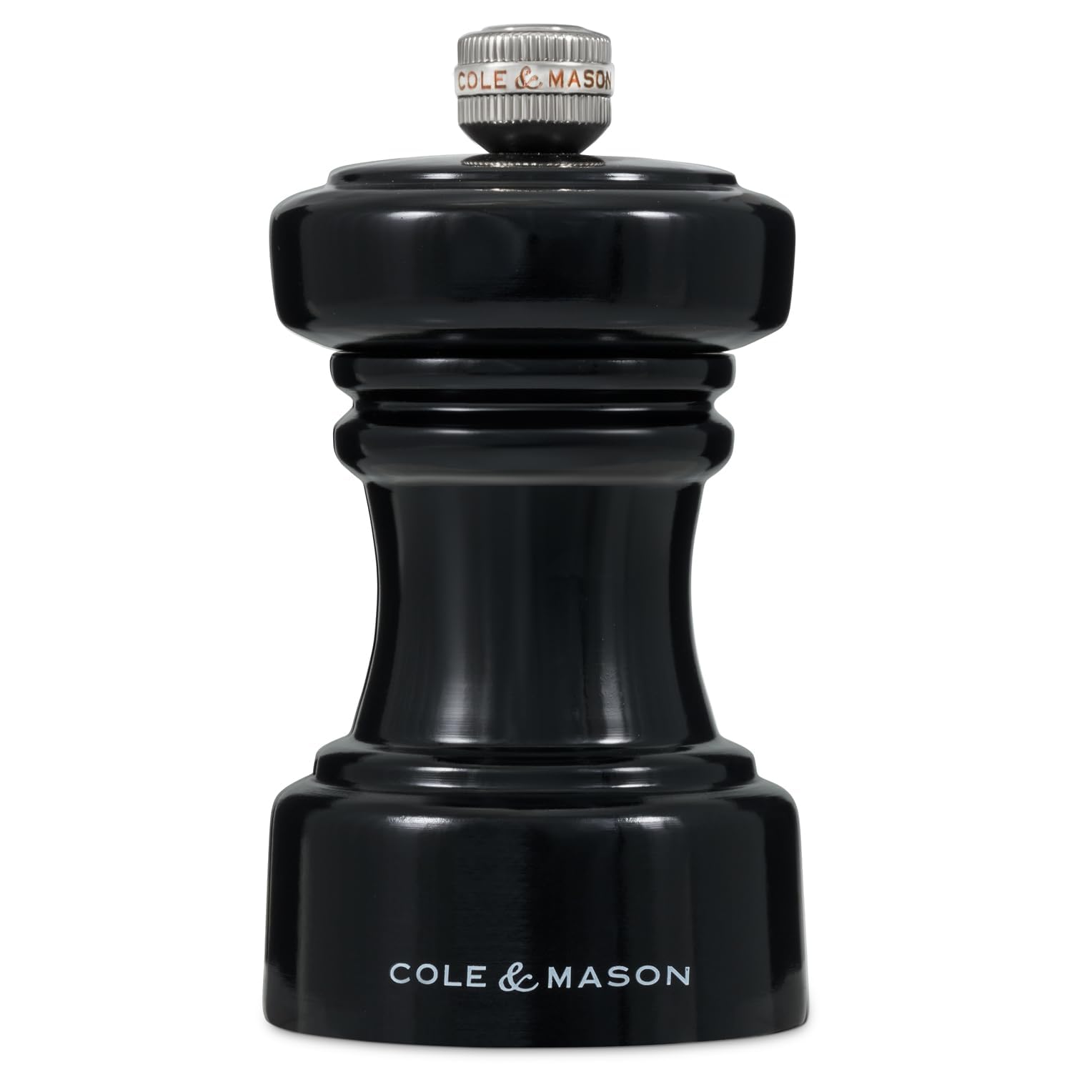 Cole & Mason Hoxton Black Gloss Salt Mill, Compact Salt Grinder with Adjustable Grind, Beech Wood, Non Corroding Ceramic Mechanism,10cm, Seasoning Mill, Lifetime Mechanism Guarantee