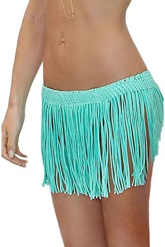 Women's Elastic Waist Crochet Mini Skirt Tassel Fringe Beach Cover up Skirt (Blue)