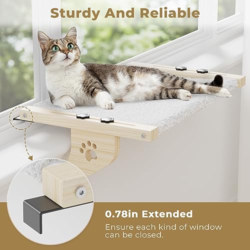 Anyelse Cat Window Perch, Cat Window Hammock with Wood & Metal Frame for Large Cats, Adjustable Cat Perch for Windowsill, Bedside, Drawer and Cabinet(27.5''-White Plush) (X-Large Size - 27.5'')