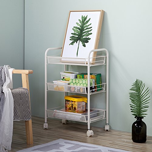 JS HOME 3-Tier Rolling Cart Kitchen Storage Cart Mesh Wire, White
