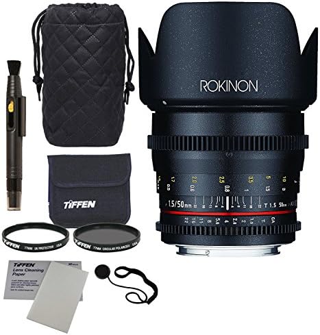 Rokinon DS50M-NEX Cine DS 50 mm T1.5 AS IF UMC Full Frame Cine Wide Angle Lens for Sony E-Mount Cameras (NEX), Tiffen 77mm Photo Twin Pack Filters, Polaroid Lens Cap Strap and Accessory Bundle